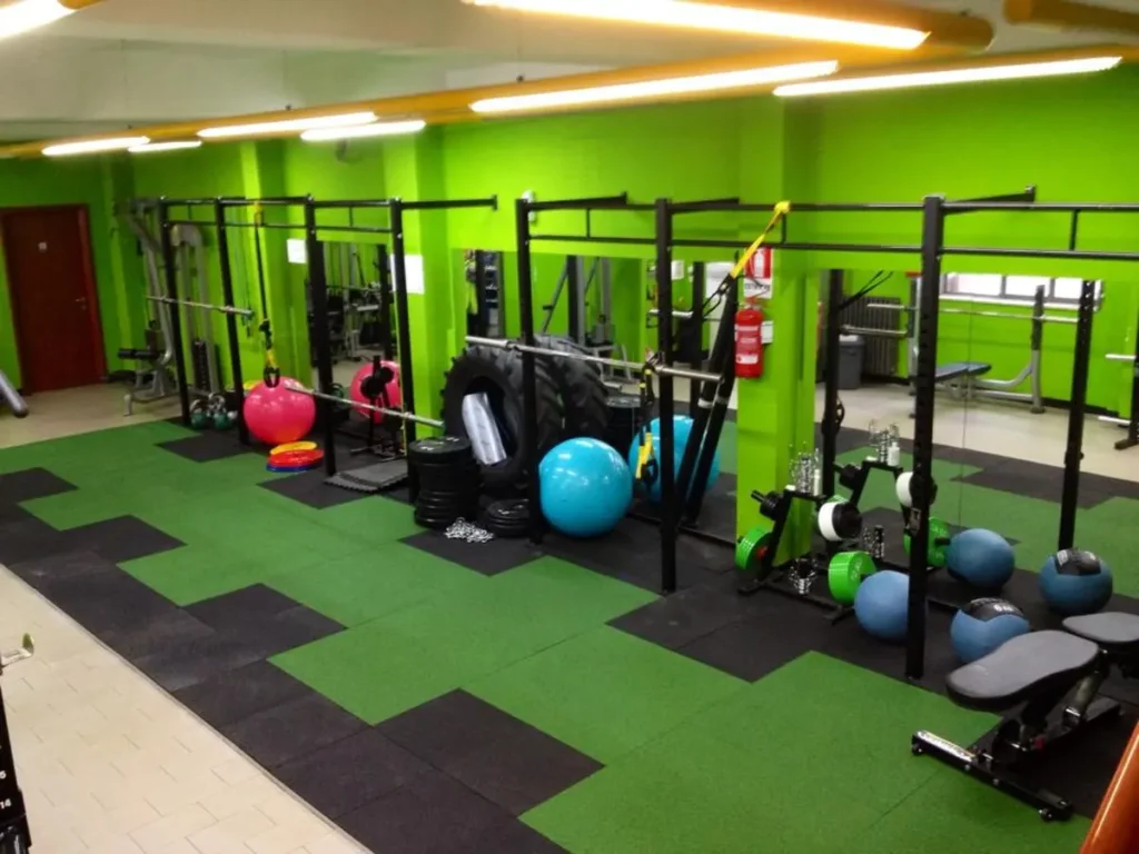 ECO-WELLNESS 18 Salle de sport dotée d'un revêtement de sol ECO-GYM vert et noir au motif modulaire