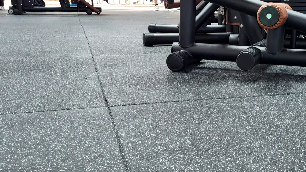 Discos ECO-GYM LAMINATED grises instalados en una zona de peso libre con máquinas de gimnasio