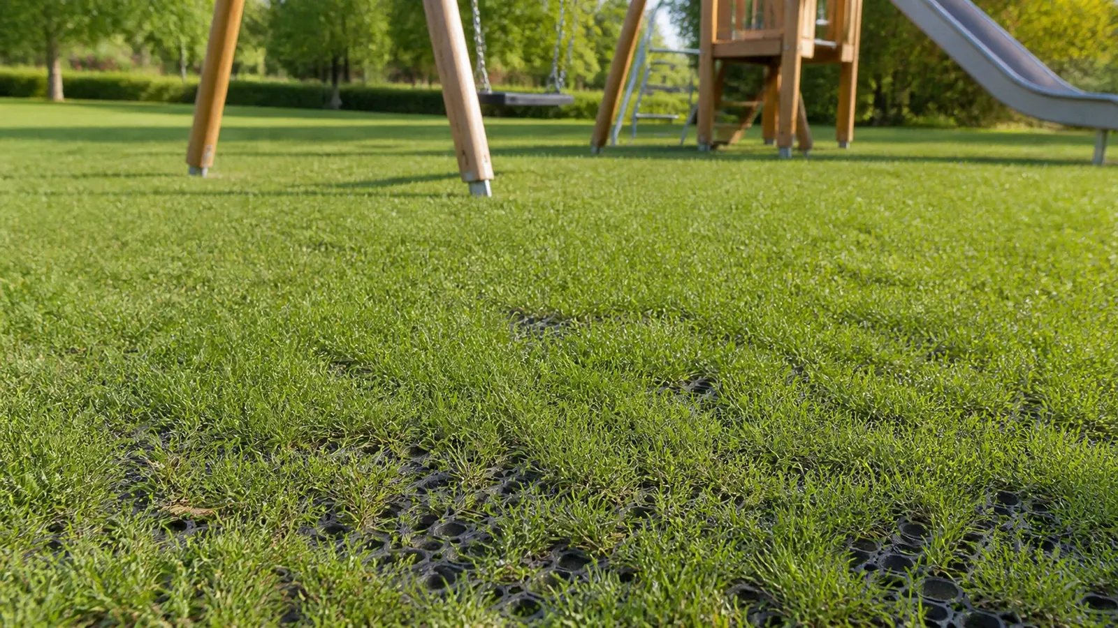 ECO-HOLMAT-Bodenbelag, verlegt auf einem Spielplatz mit bewachsenem Rasen